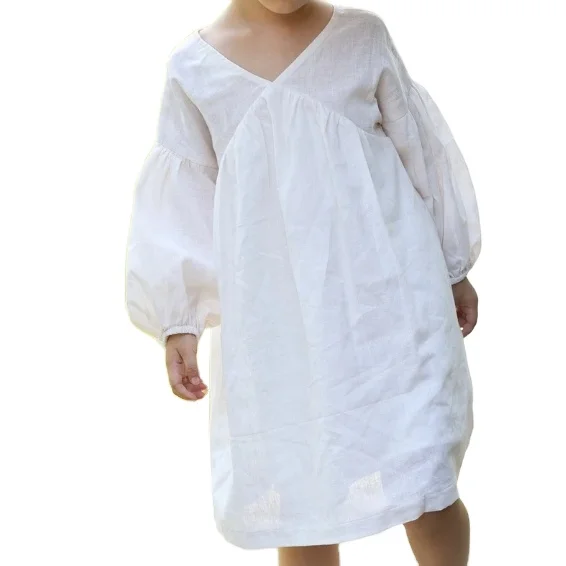 Retro Design Loose Bubble Sleeve Girls Casual Dress White Linen children dress