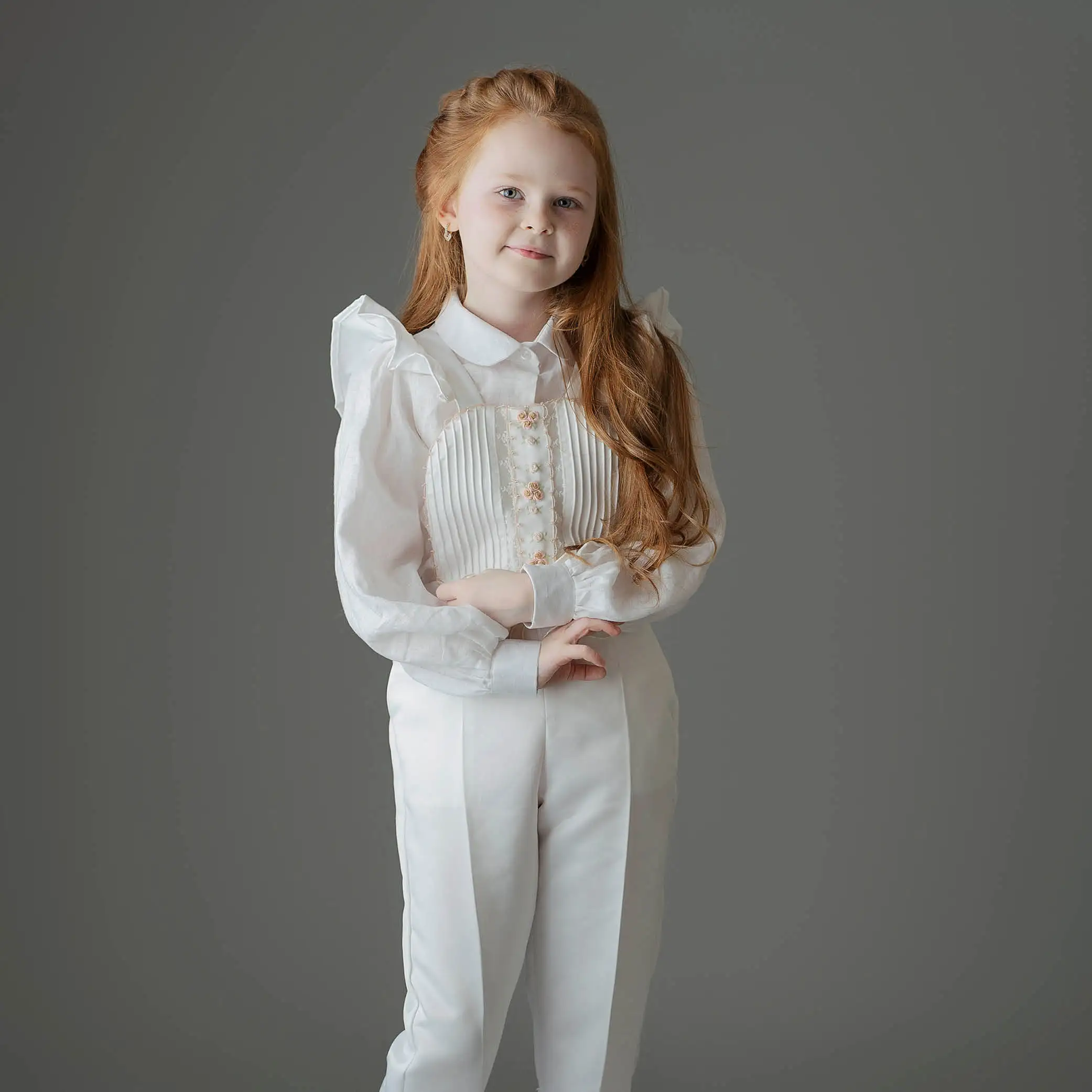 Royal Girl Clothing Set Kid Wear Beading Embroidery Cotton Fashion Long Shirt White Pants Girl Clothes Set 2 Pieces-Sophia Set