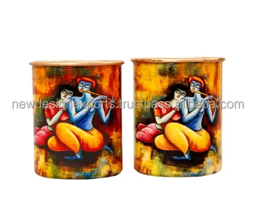 Copper Bottle Set Radha Krishna Print with Set of 2 Glasses BEST gift & FOR Home use