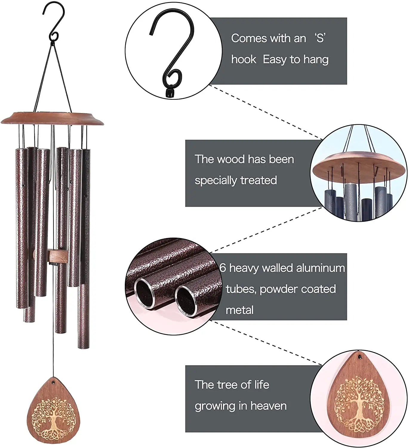 6 алюминиевых трубок 32 дюйма памятные ветряные колокольчики деревянные ветряные колокольчики для улицы с пользовательским Логотипом гравировка Древо жизни Ретро ветряные колокольчики