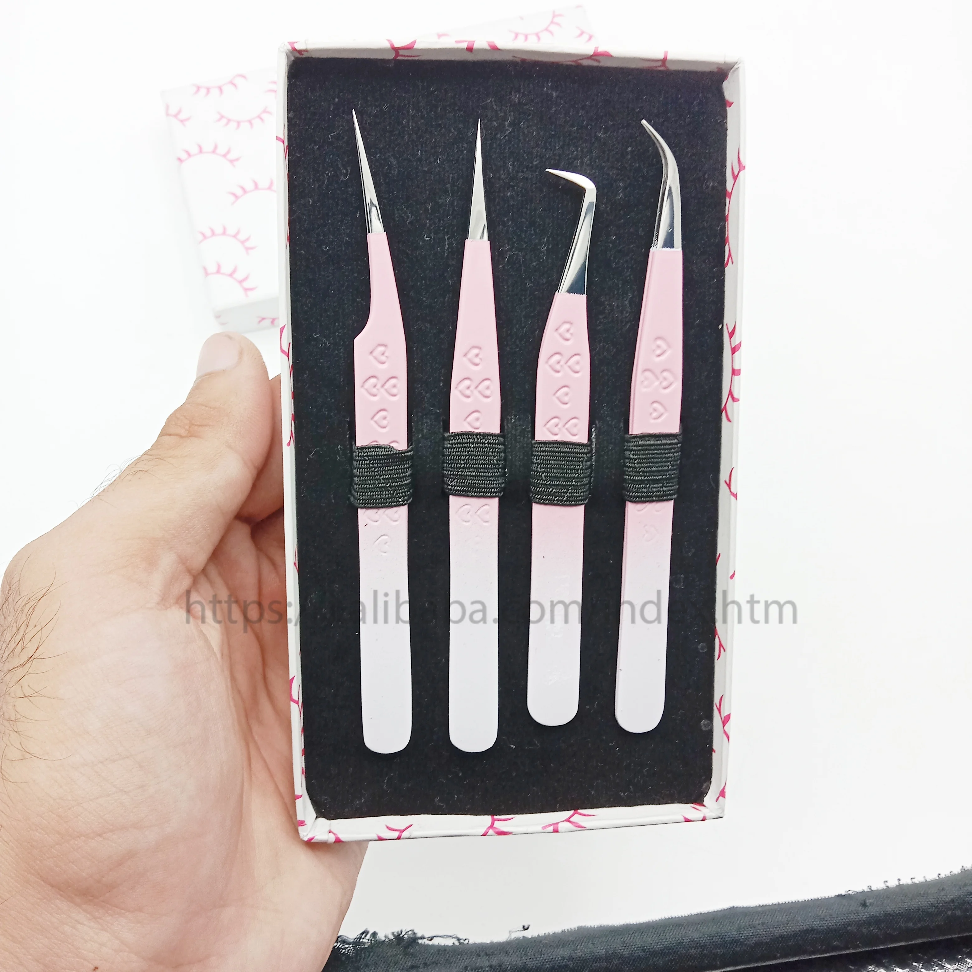 Wholesale Eyelash extension tweezer color  light pink color back white silver with high quality eyelash tool kits lash tweezers