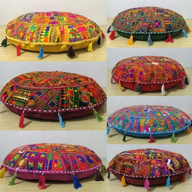 Bohemian Round Patchwork Pillow covers Indian Handmade Hand Embroidered Patchwork Cushion Cover With PomPom Home Decor
