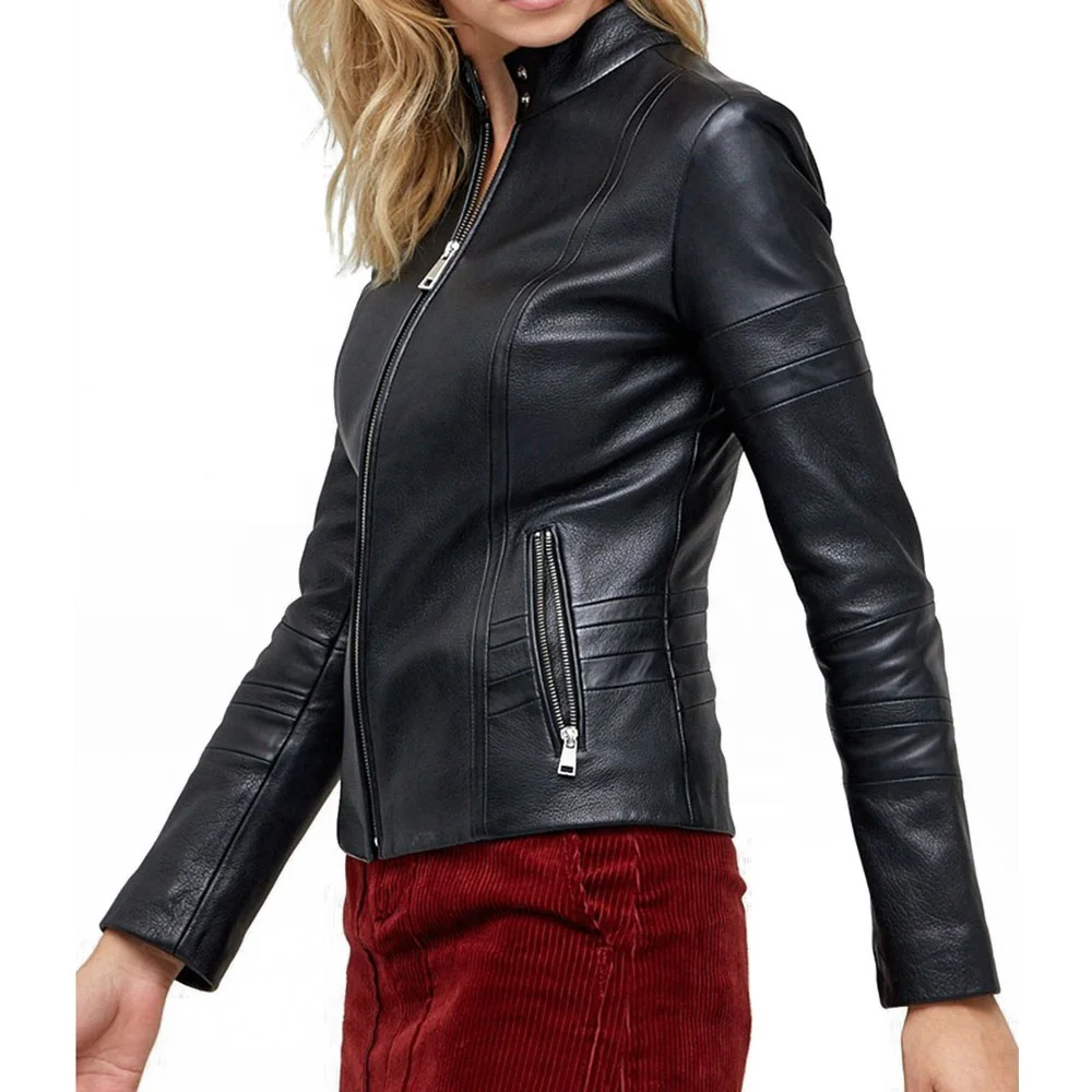 New High Quality Black Leather Zipper Sheepskin Jacket Full Customized With Internal Soft Viscose Lining Front closure Style Zip