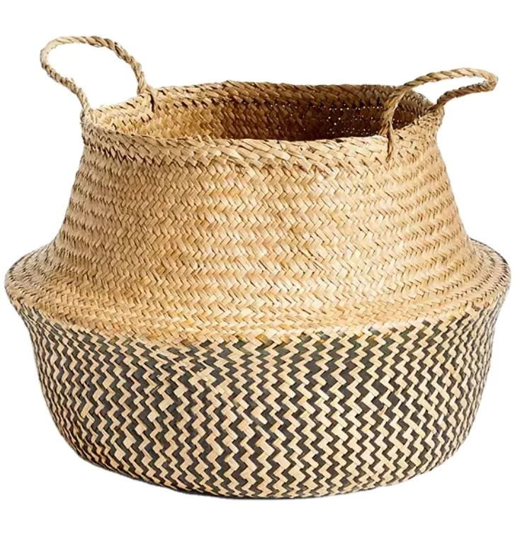 Wholesale striped seagrass plant pots woven eclectic style seagrass planter with handles bohemian