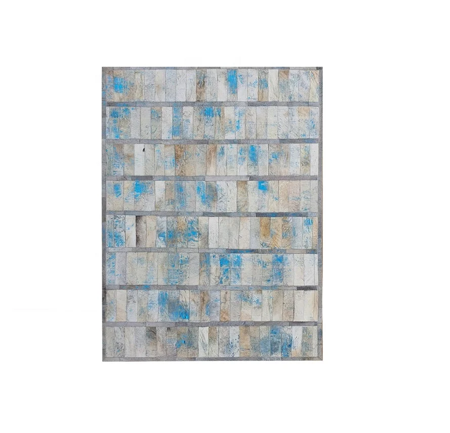 Luxury Acid Washed Dyed Cowhide Leather Patchwork Rugs Handmade Gold Devore Hair on Carpets for Home & Commercial Decor