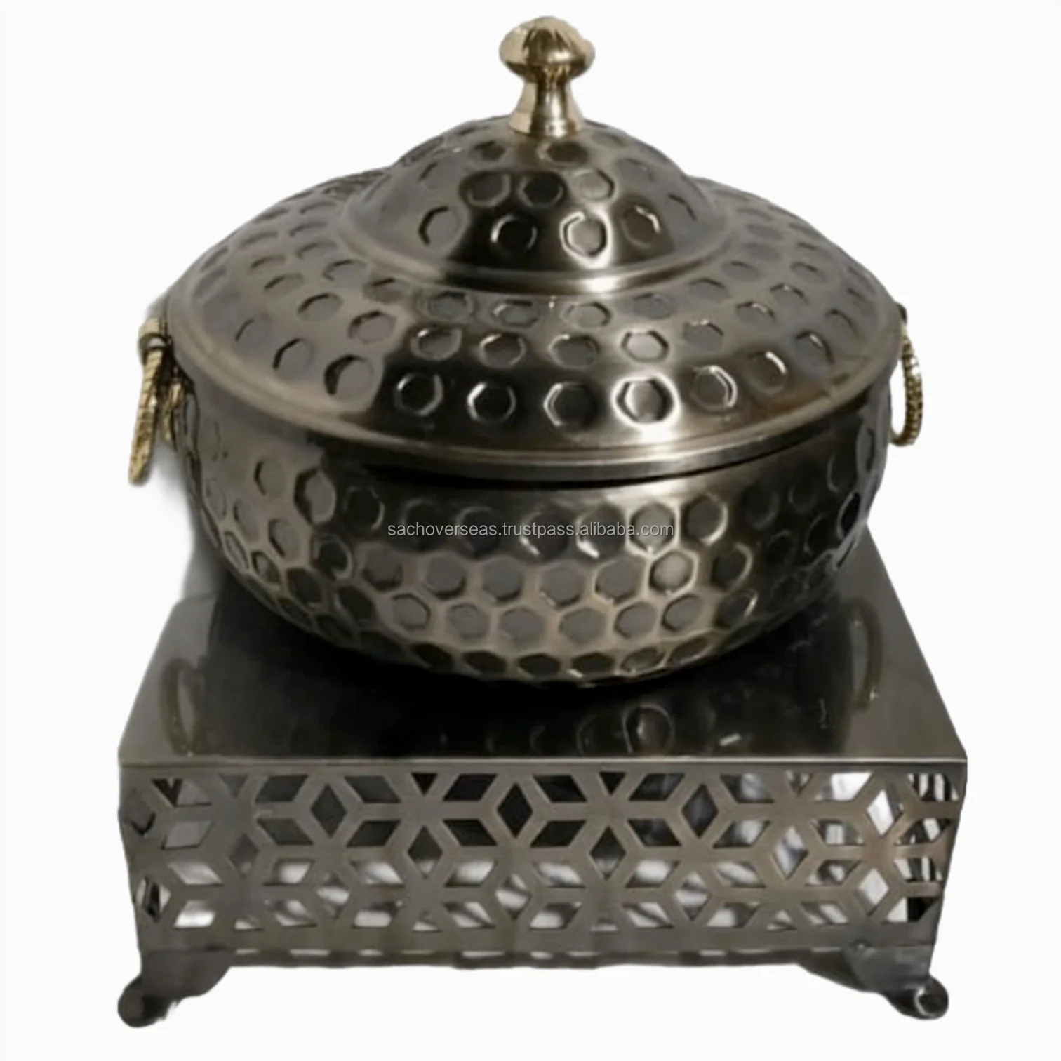 Traditional Spherical Shaped Floral Carving Design Metal Chafing Dish with Brass Designer Handle For Buffet Hot Food Warmer