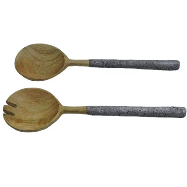 Acacia Wood Spoon with Iron Coated Handle Latest Design 2pcs Salad Spoon Set Server Kitchen Gadgets 2023 Food Serving Spoon