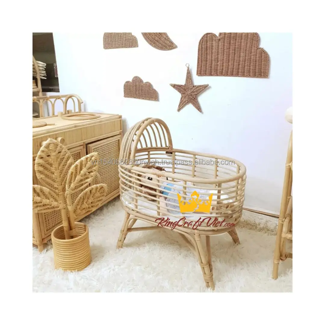 King Craft Viet Rattan Baby Bassinet Crib High Quality Wicker Doll Furniture Miniatures Toys Stroller Chair Bed Home Decoration