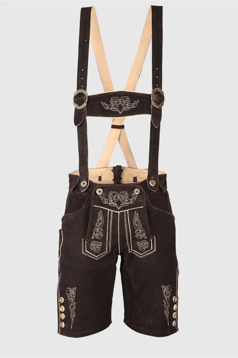 Bavarian Lederhosen Custom OEM Design Short Length Men Lederhosen In Cow-Hide Suede Leather Made Dark Brown Color Lederhosen