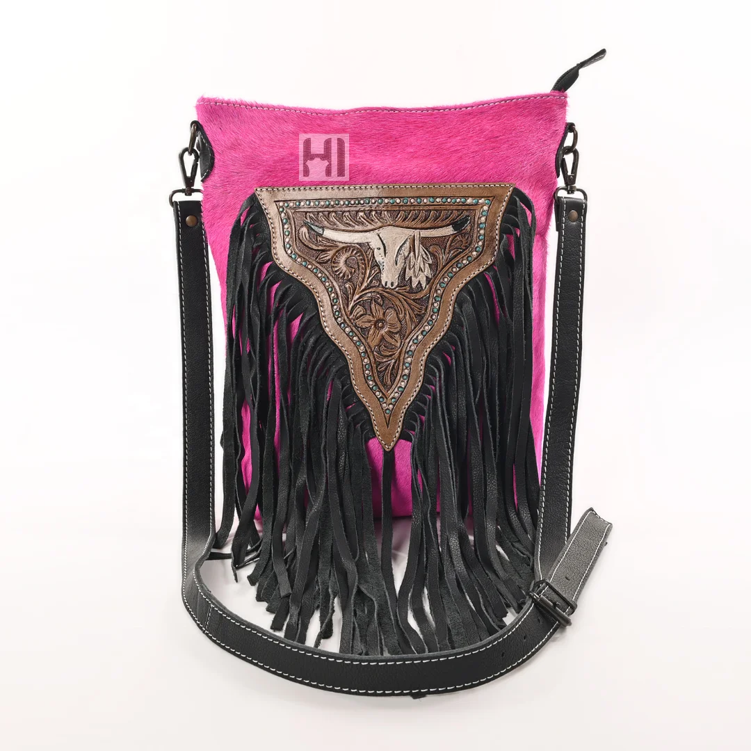 2024 Trending Tooled Cowhide Leather Hairon Pink Crossbody Bag With Concealed Carry Cow Suede Fringes Sling Bag Purse Custom Bag