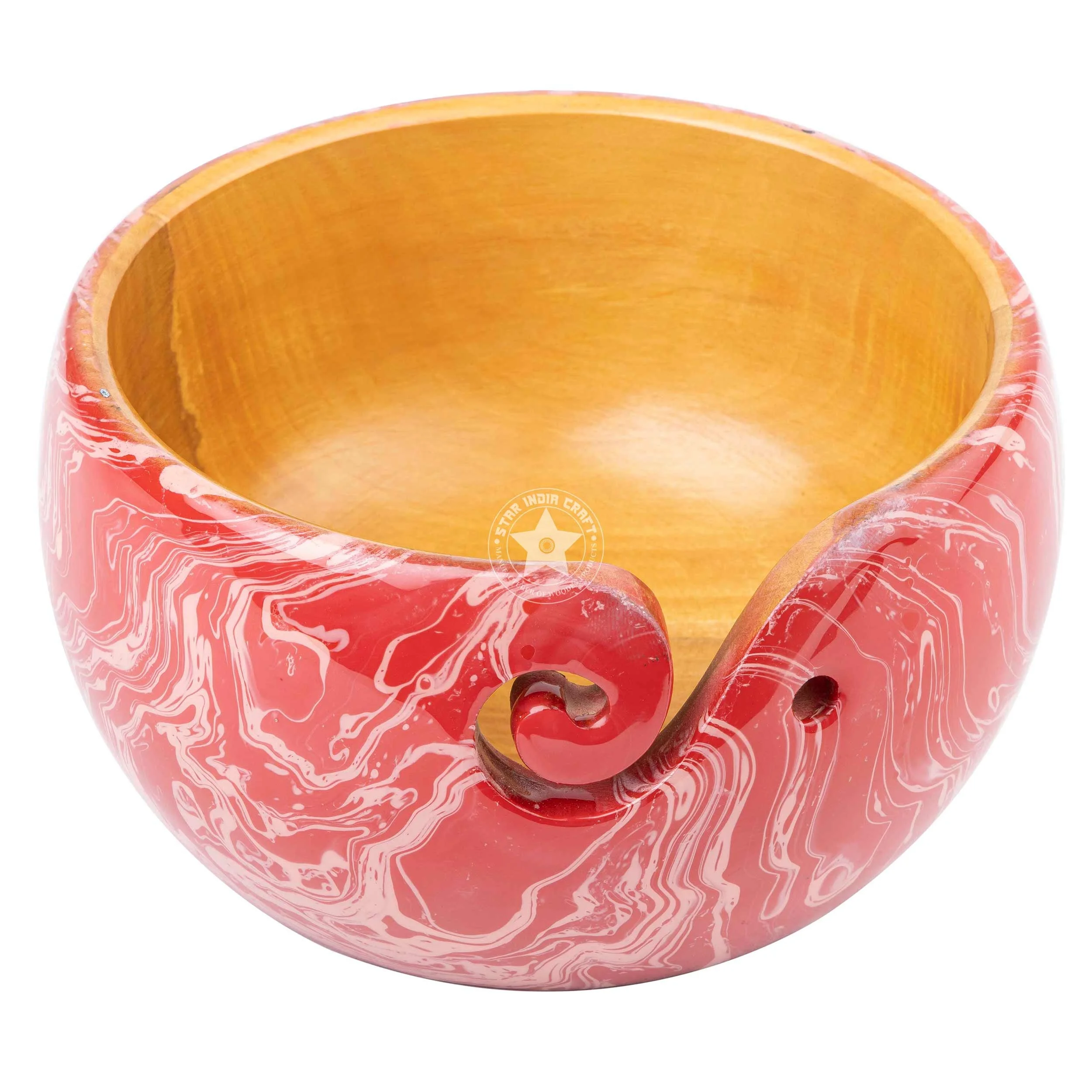 Eco friendly Bowl  handcrafted  Red Dip Color Wooden Handmade Bowl with Hole for Knitting  Perfect for Tangle-Free Knitting.