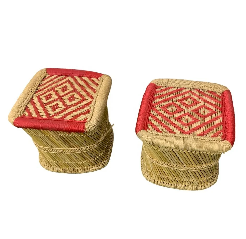 Natural Bamboo Mudha Stool Indoor/ Outdoor Space, Gardens, Balcony Furnishings Hand-Crafted Design Hand-Woven