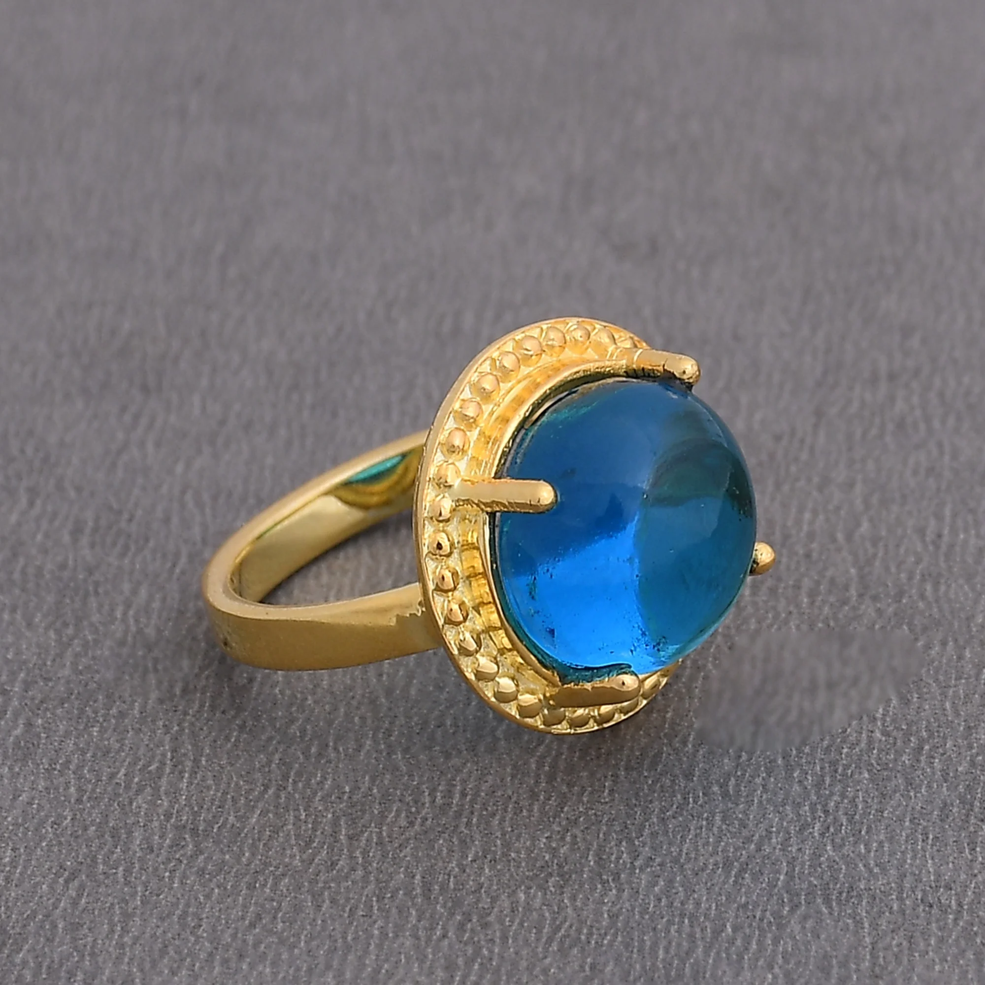 Gold Plated Classic Design Blue Hydro Quartz Prong Set Designer Wedding Ring Gift For Women