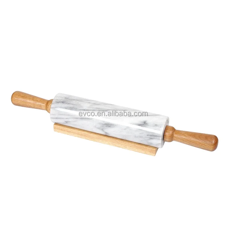 Natural White Marble Rolling Pin with Deluxe Wood Handles and Cradle