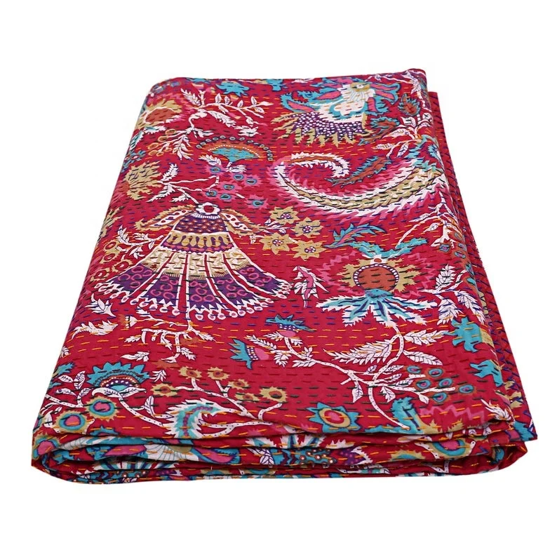 Indian Cotton Kantha Throw Hand Stitched Kantha Blanket Handmade Floral Design Kantha Quilt