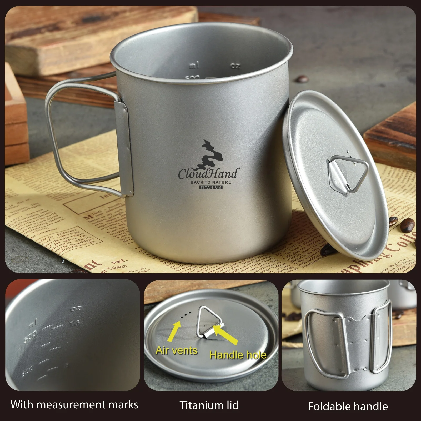 Food grade Titanium Mug 300/450/500/750ml Portable Outdoor Camping Titanium Cup