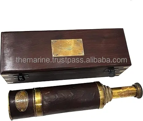 24-дюймовый античный латунный кожаный ручной пиратский телескоп Kelvin & Hughes London 1917 морской функциональный с деревянной коробкой