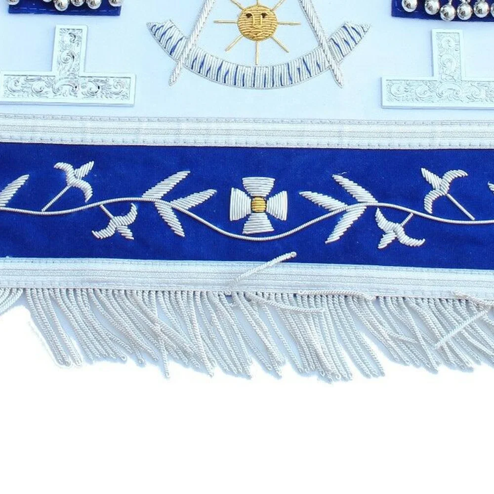 Masonic Grand Past MAster Apron hand embroidered with silver bullion and white Rexene Silver fringe around the apron