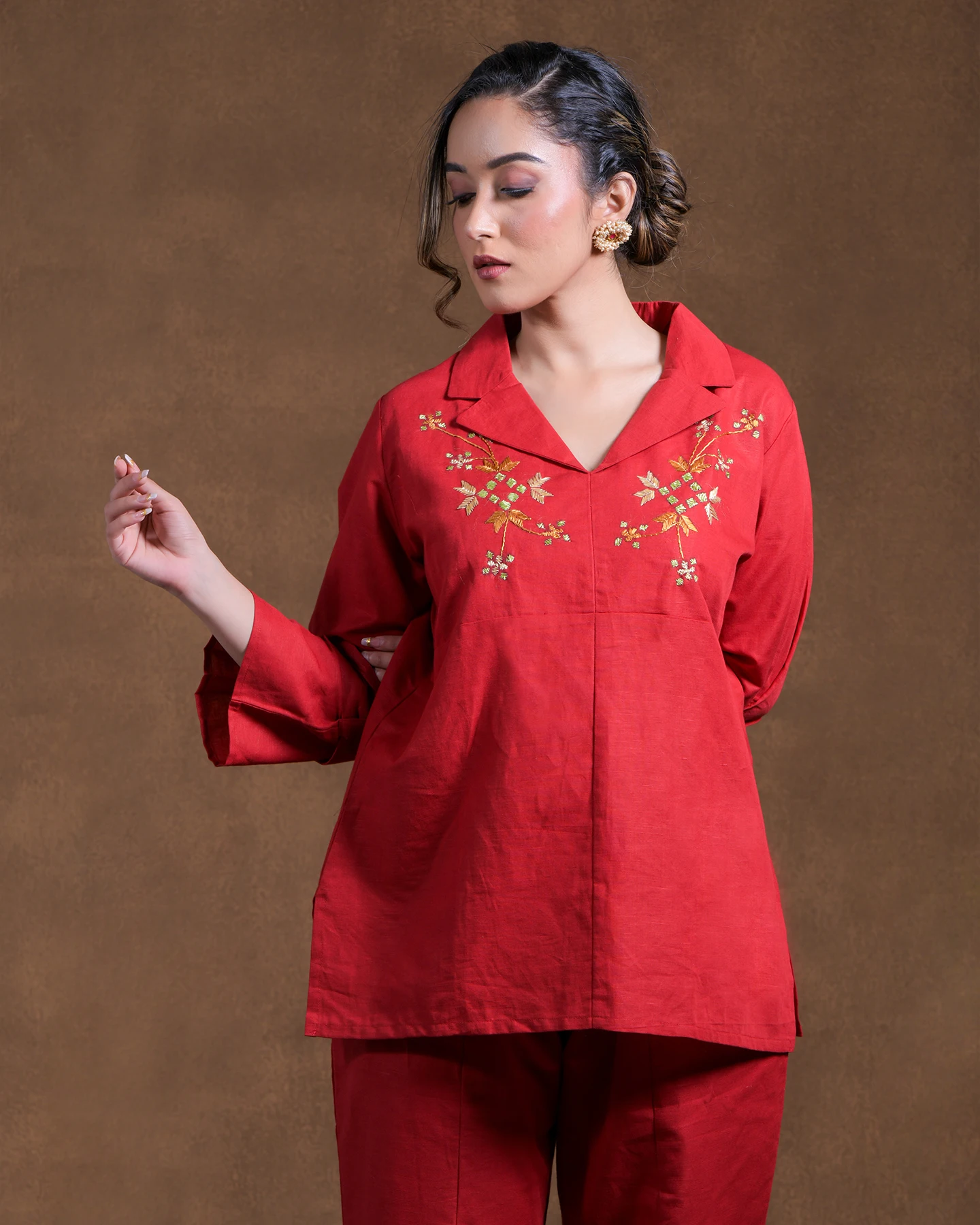 Top Quality pure cotton linen in red handembroidered in Phulkari unique styling top puff sleeves