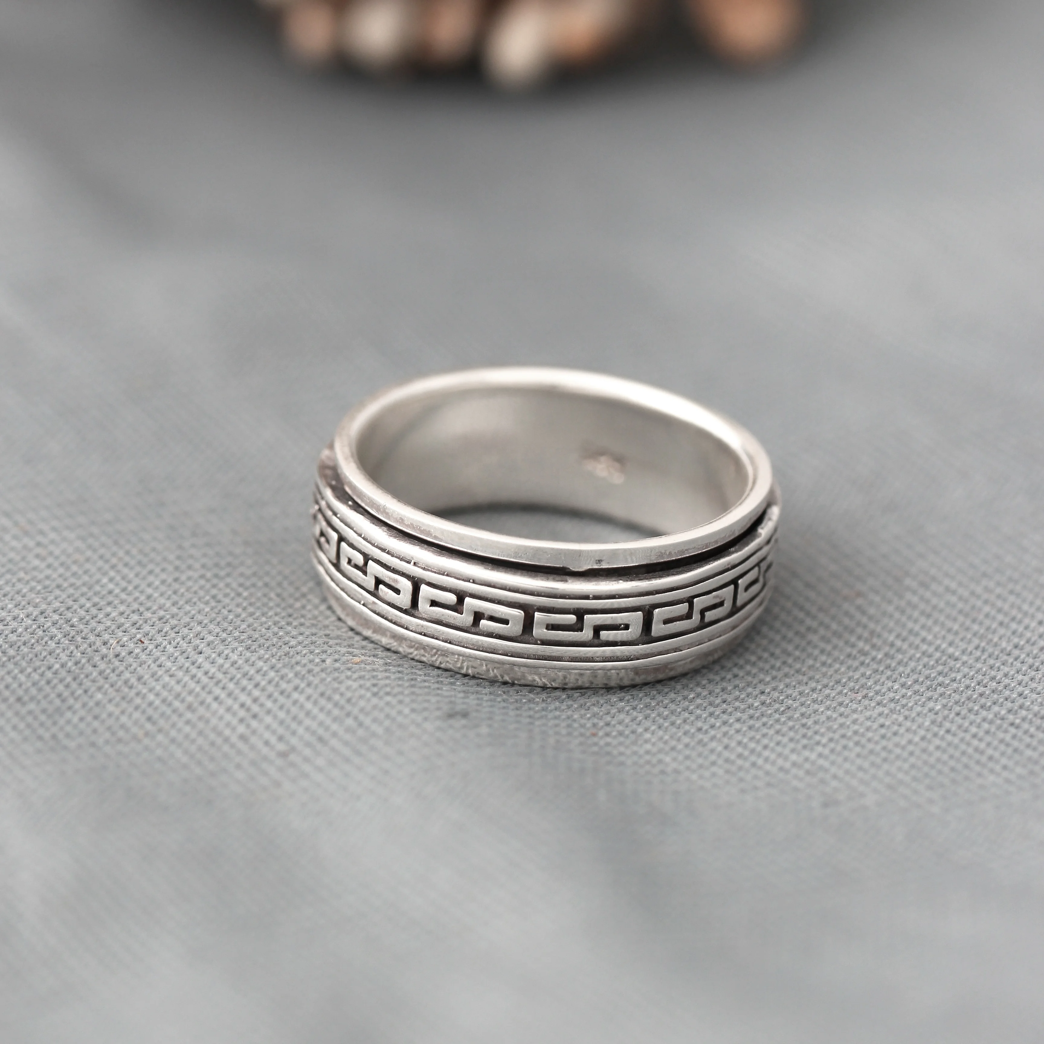 Silver Aztec Greek Key Spinner Ring, Anxiety Relief Thumb Ring Jewelry