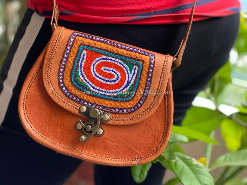Real Handmade Goat Leather Rajasthani Embroidery 5*7 Inch Cross Body Sling Bag Women Vintage Traditional MultiColor Kashida Bag