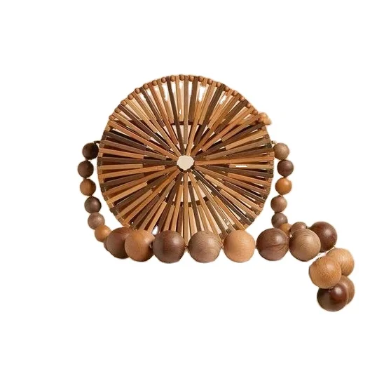 Natural Brown Choose Generic  Round beads Bamboo Handbag Beach Ark Bag Luxury Clutch Made By Resin Wooden Metallic