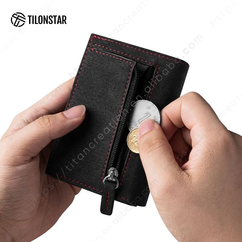 TILONSTAR TVC302a Alcantara Leather Aluminum Trifold Rfid Pop Up Card Holder Wallet For Men