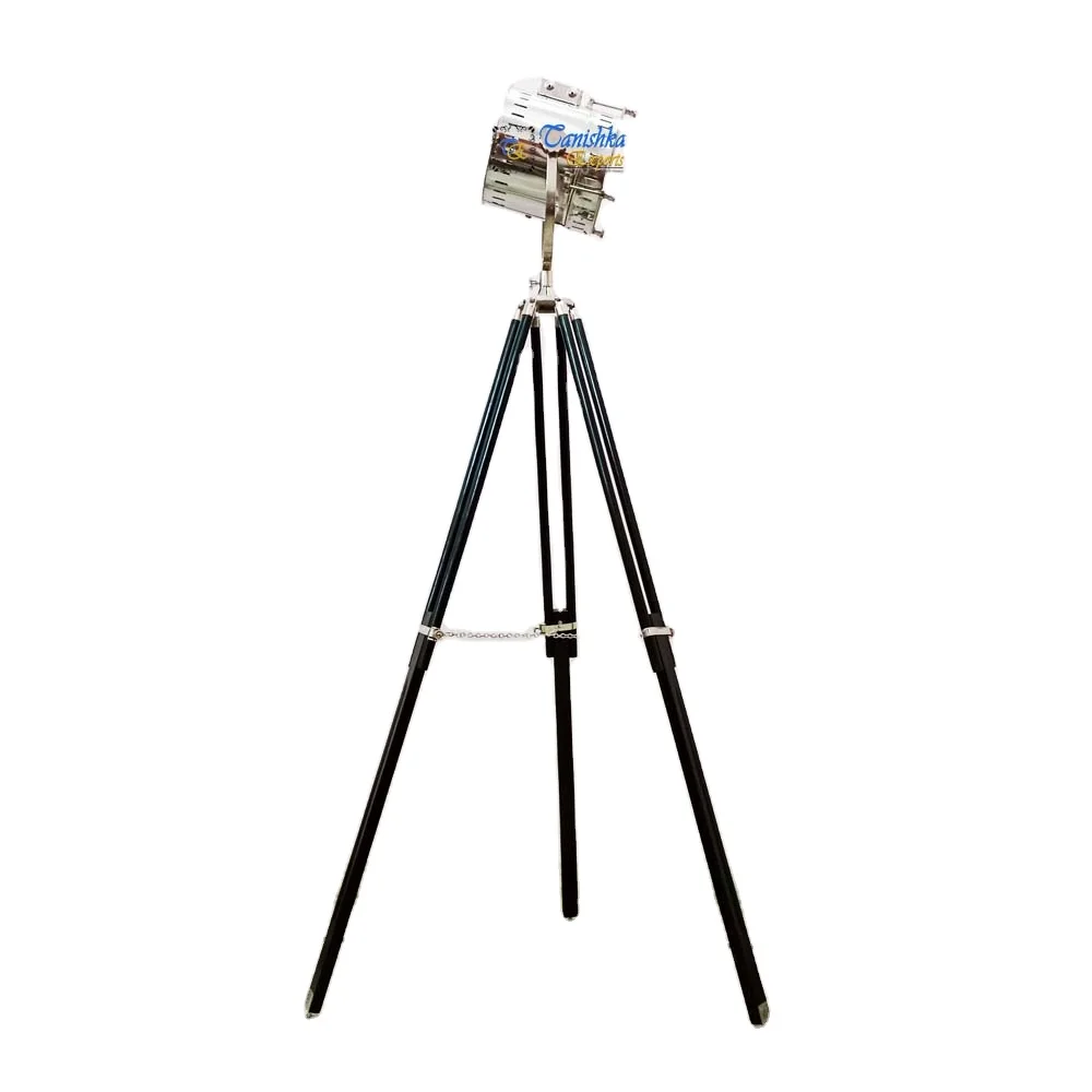Vintage Decorative Nautical Marine Searchlight with Wooden Tripod Floor Stand Home Bedroom Corner Decor Spotlight