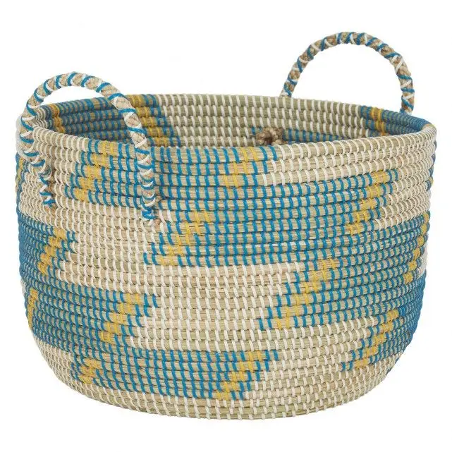 High Quality zigzag Seagrass Basket Blue color handcrafted in Vietnam Baskets Home storage organization Wicker baskets