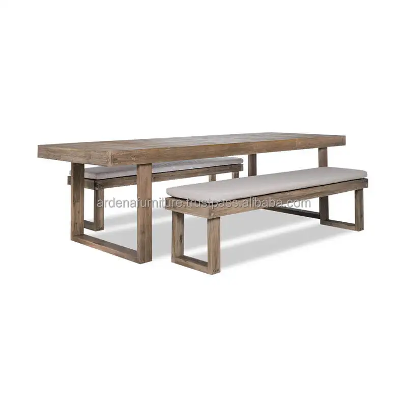 Rectangular Dining Table Set with Removable Cushion Seat Teak Wood Bench for Outdoor Hotel Banquet Restaurant Furniture Use