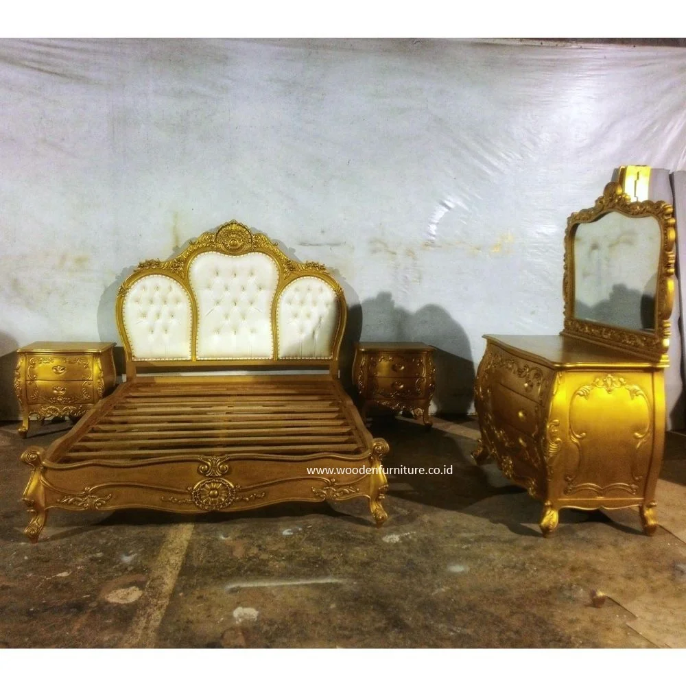 Antique Reproduction Bedroom Furniture Set Finished in Gold Painted Wood Color and Upholstered Bedhead in Synthetic Leather