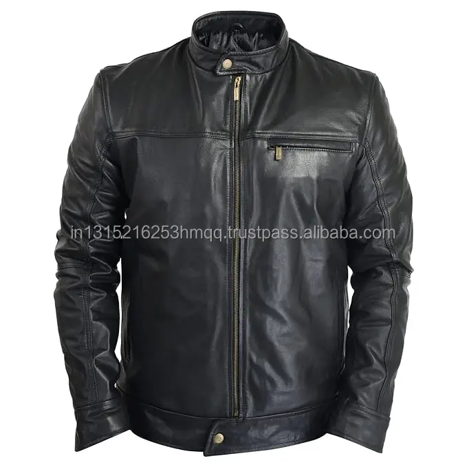 2024 Indian best quality Leather Sheepskin  Zipper  Brown Men Biker Jacket with Quilted Viscose Lining Inside Outside Pocket