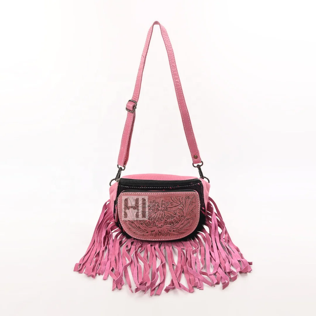 Trending 2024 Cowhide Tooled Leather Waist Pouch Bags Fanny Bag Suede Leather Fringes with adjustable Detachable Shoulder Strap