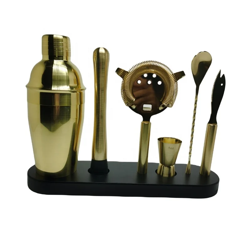 2024 Custom Logo Luxury Mixology Stainless Steel Bar Tools Set Cocktail Shaker Set with Bamboo Stand Boxed Wine Utensils