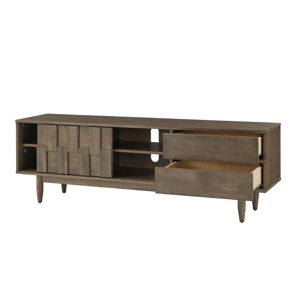 Mid-Century TV Stand  Solid Teak Wood With 2-Drawer and Dark Brown Natural Finish