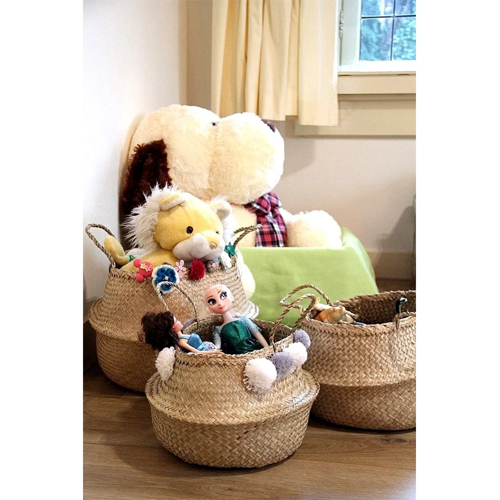 Natural Round Woven Seagrass Belly Basket for Storage, Laundry, Picnic, Plant Pot Cover