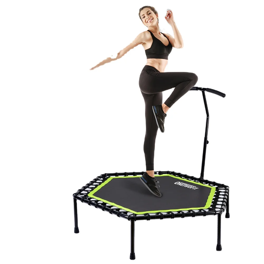 onetwofit quality factory price Hexagonal elastic rope commercial model with armrest ultra-quiet bounce bed  Fitness Trampoline