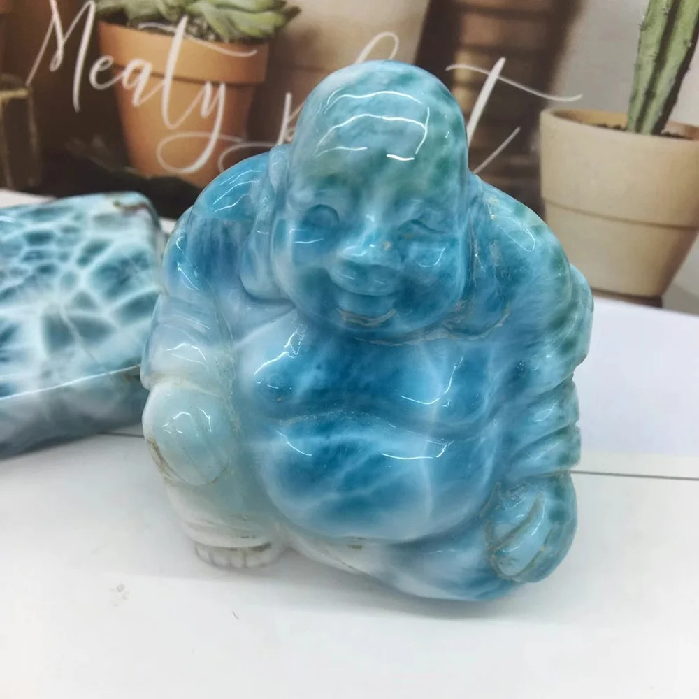 Home decoration Blue Maitreya Buddha Natural High Quality larimar Stone Healing Gemstone Crystal Hand Carved Buddha statue
