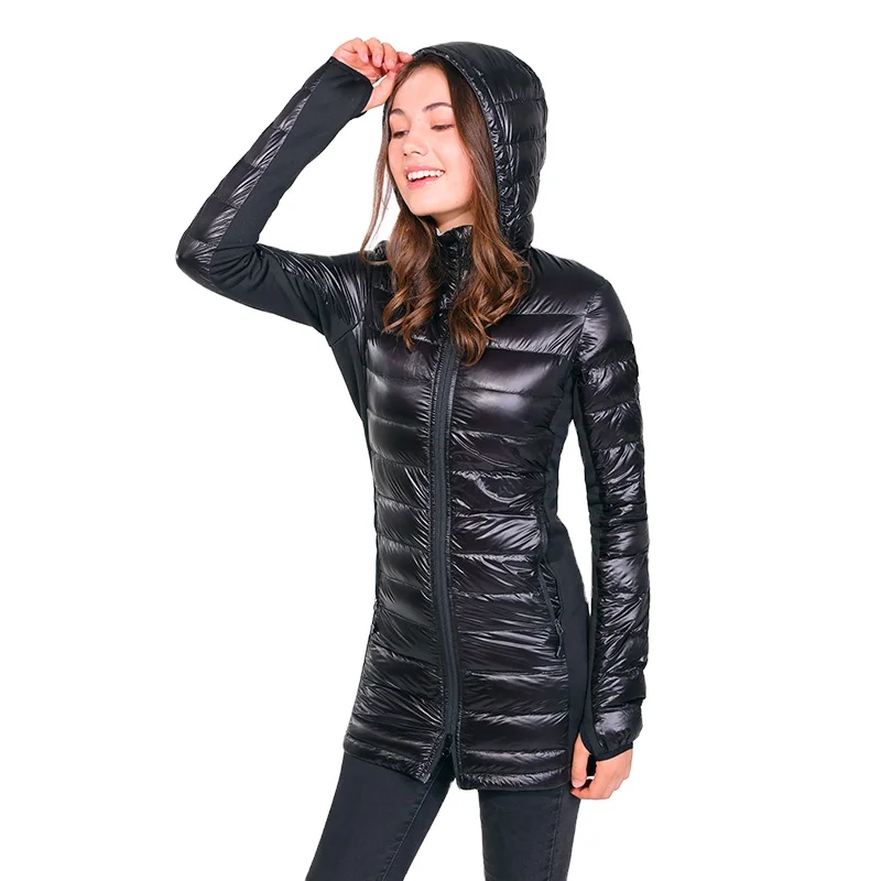 Stylish 2022 Custom Ladies Thick Down Jacket Female Black Hooded White Duck Down Jacket