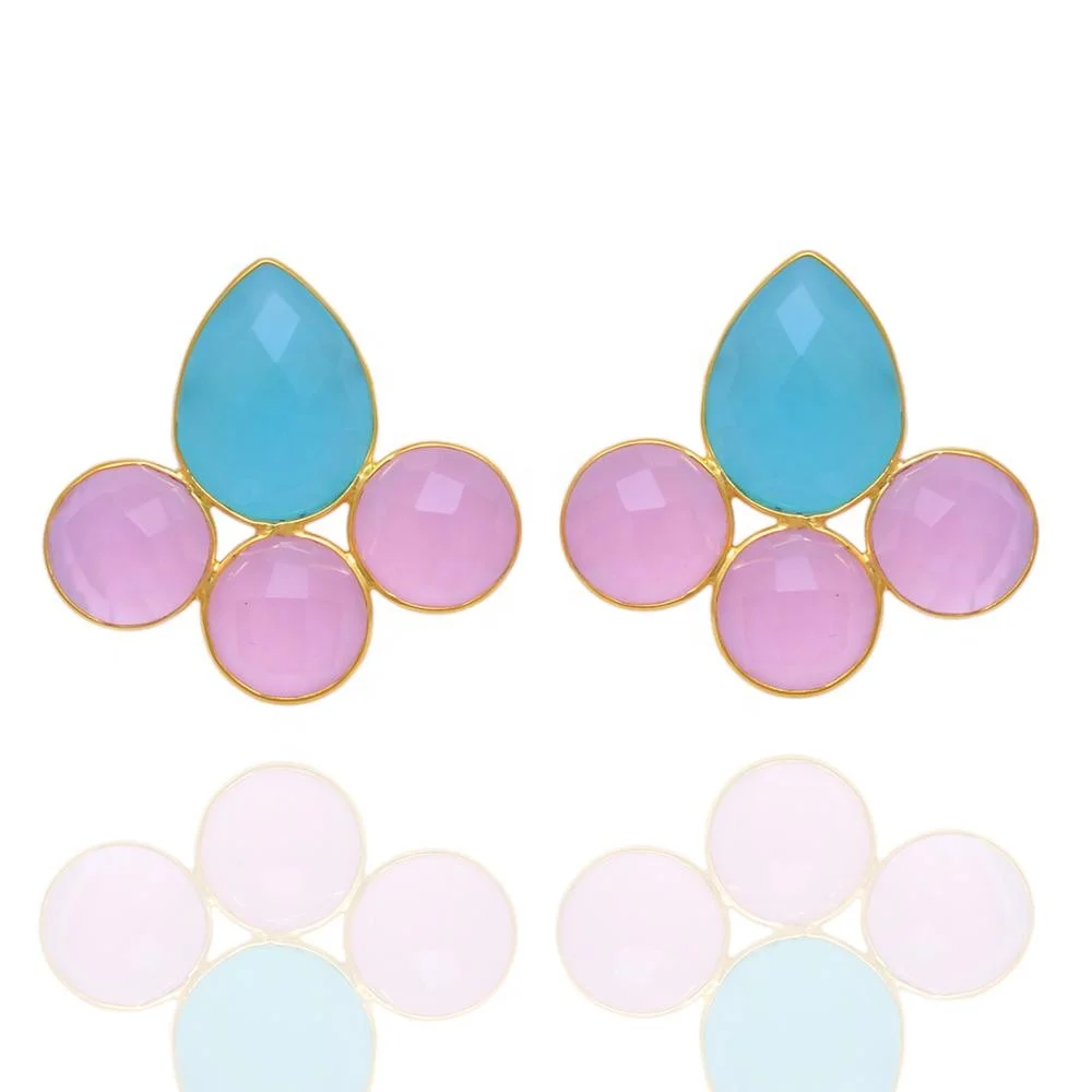 Natural Pink Chalcedony Gemstone Handmade 925 Solid Sterling Silver Vintage Jewelry 18k Gold Plated Earrings For Woman