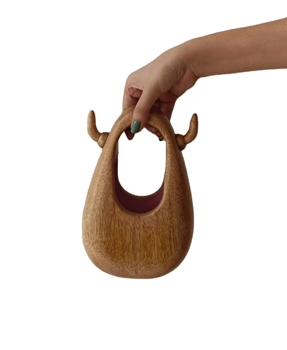 Customized Vintage Wooden Purse with Horns Open Ladies Partywear Bag with Velvet Lining mango wood natural finish for ladies