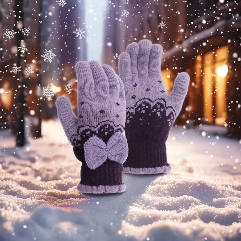 Double Layer Winter Warm Knitted Jacquard Gloves for Ski Daily Outdoor Casual Use Plain Style
