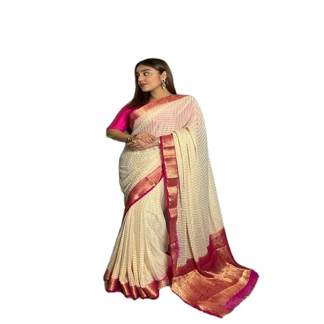 Шелковые Сари Khadi Georgette Banarasi ручной работы красный цвет белая контрастная блузка