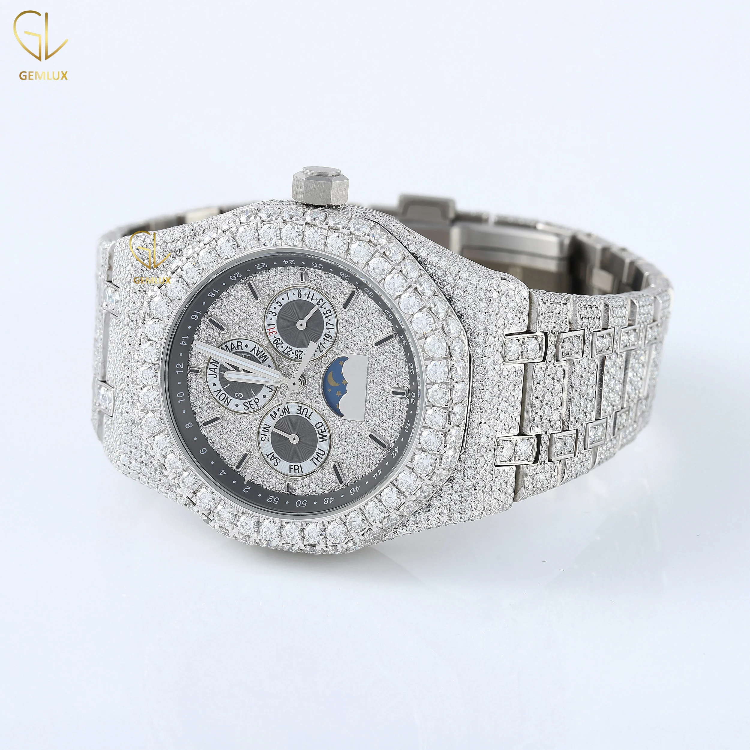D vvs round brilliant cut crystal charm fully iced out chronograf  New Trendy romal dial real Moissanite diamond jewelry watch