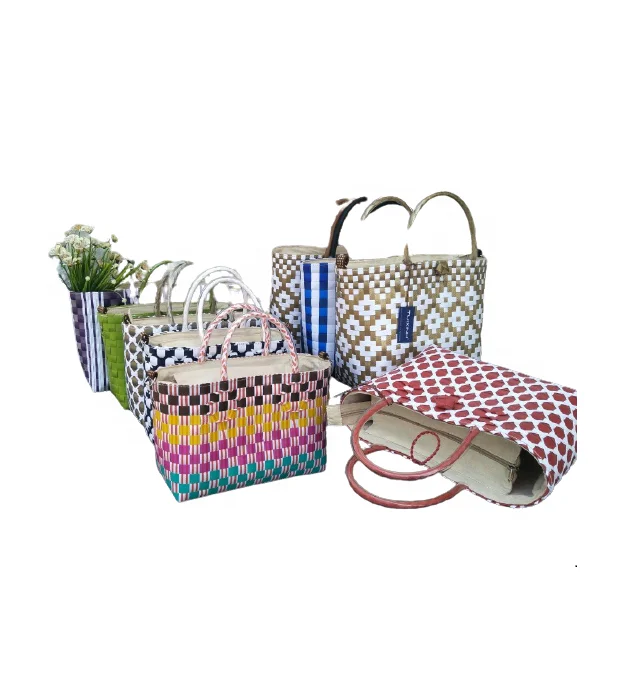 Handwoven Plastic Basket Bag With Leather Handle  - Handmade plastic woven handbag for women Fashion Accessory