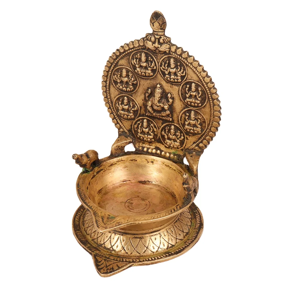 High Quality Traditional Golden Brass Oil Lamp Lakshmi Ganesha Gajalakshmi Vilakku Oil Lamp For Temple Home Decoration SNH-93