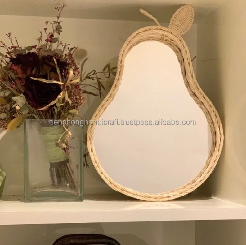 Fruit Shape Rattan Mirror For Bathroom Modern Decorative Wall Hanging Mirror Woven Rattan Bronze