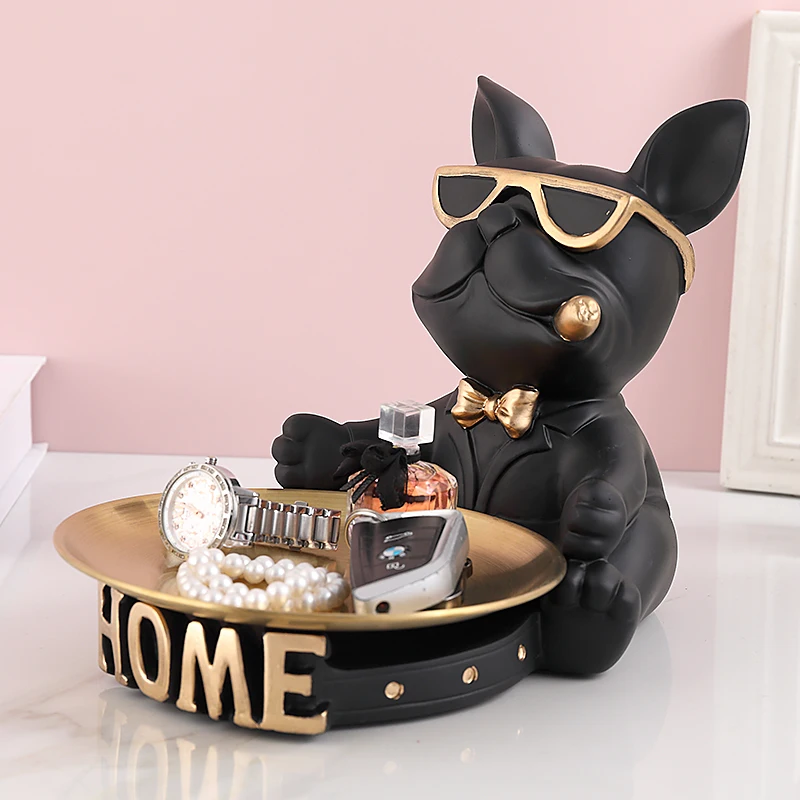 Resin Dog Sculpture Design Statue French Bulldog Butler with Metal Tray for Keys Holder Home Decor Animal Ornaments Nordic Art