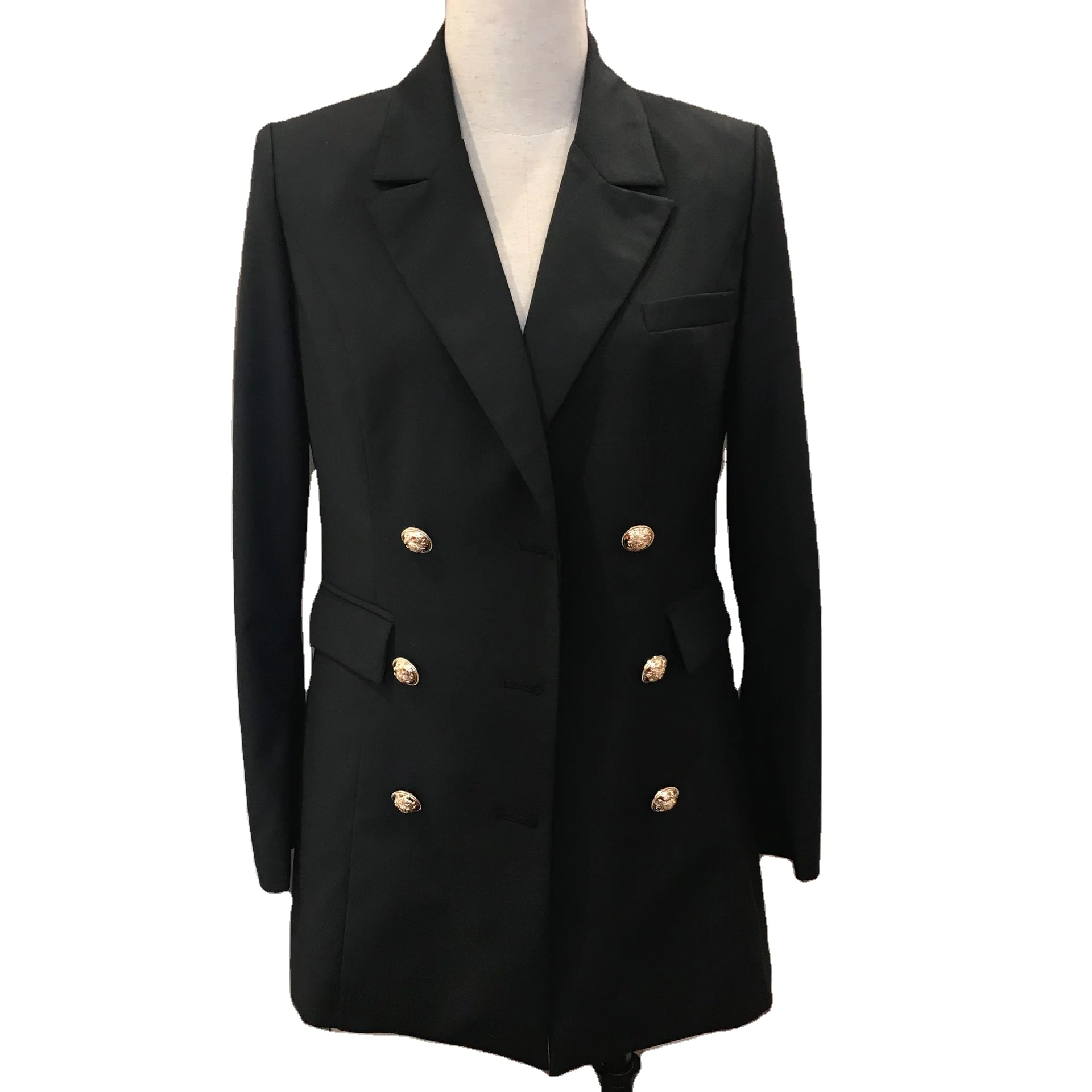 Office Garment Factory Turn down Color Double Breasted Metal Button Black Color Blazers Ladies Women