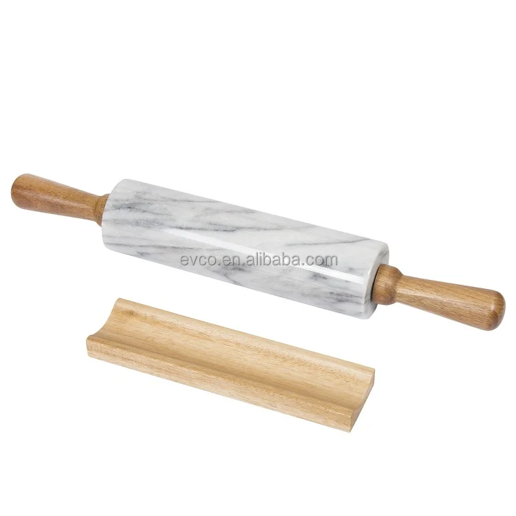 Natural White Marble Rolling Pin with Deluxe Wood Handles and Cradle